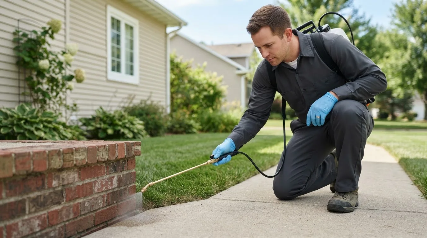Pest control technician treating a home near Plainville, IN