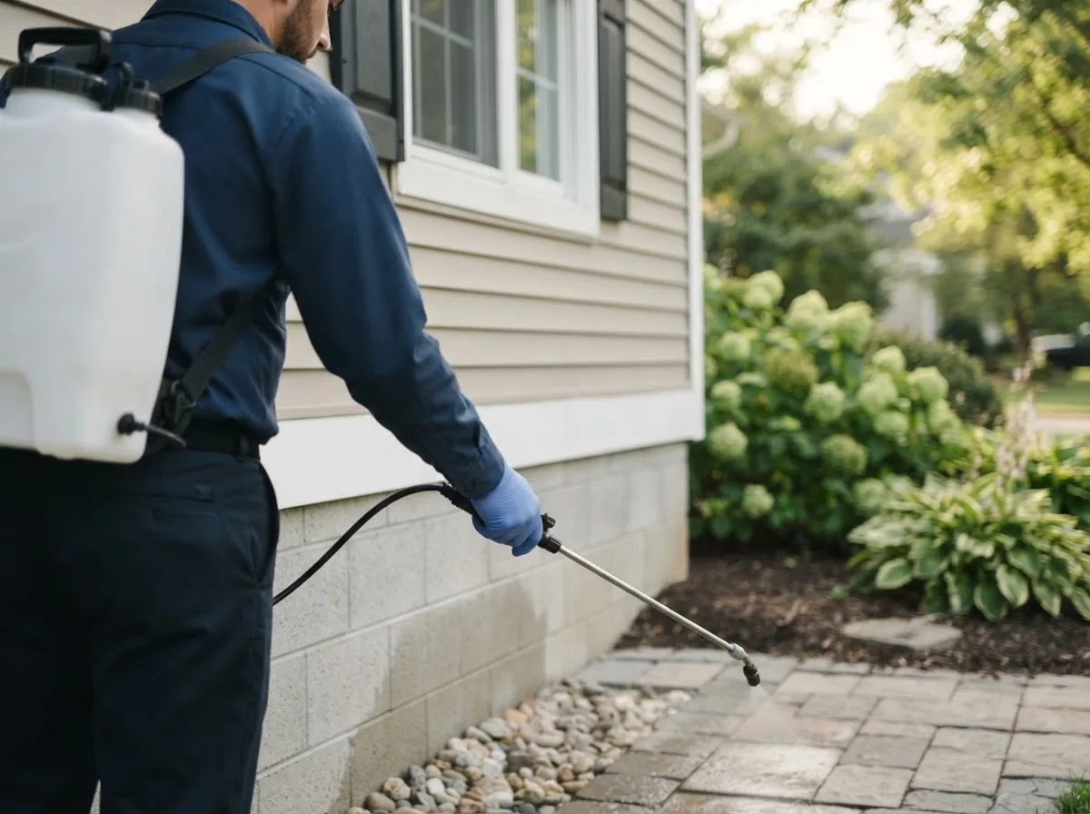 Pest control technician inspecting a home in Plainville, IN